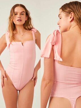 Free People Pink Bow Tie Shoulder Lola Bodysuit